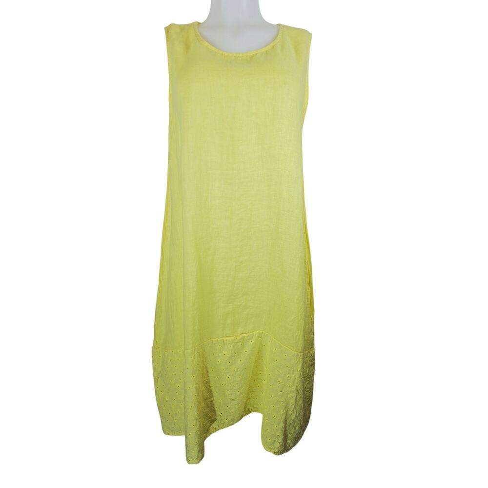 Terzo Millennio Made In Italy 100% Linen Yellow Eyelet Ruffle Maxi Dress L NWT
